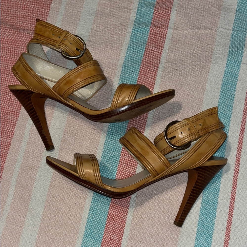 Max Studio Tan LEATHER Ankle Strap Heels Size 11